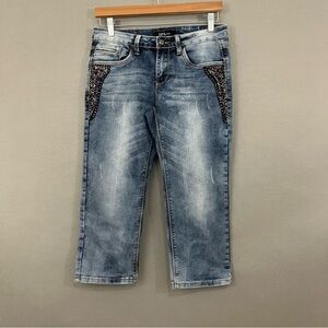 Suko Blue Sequin Light Wash Denim Capris